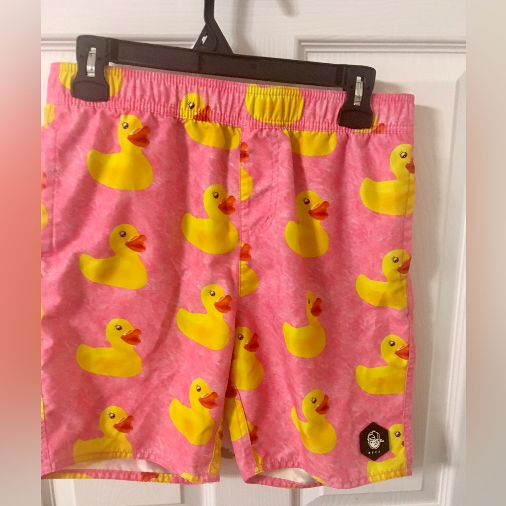 Neff Pink Swim Shorts with Yellow Duck Print